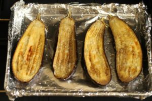 Baked eggplant ready for filling