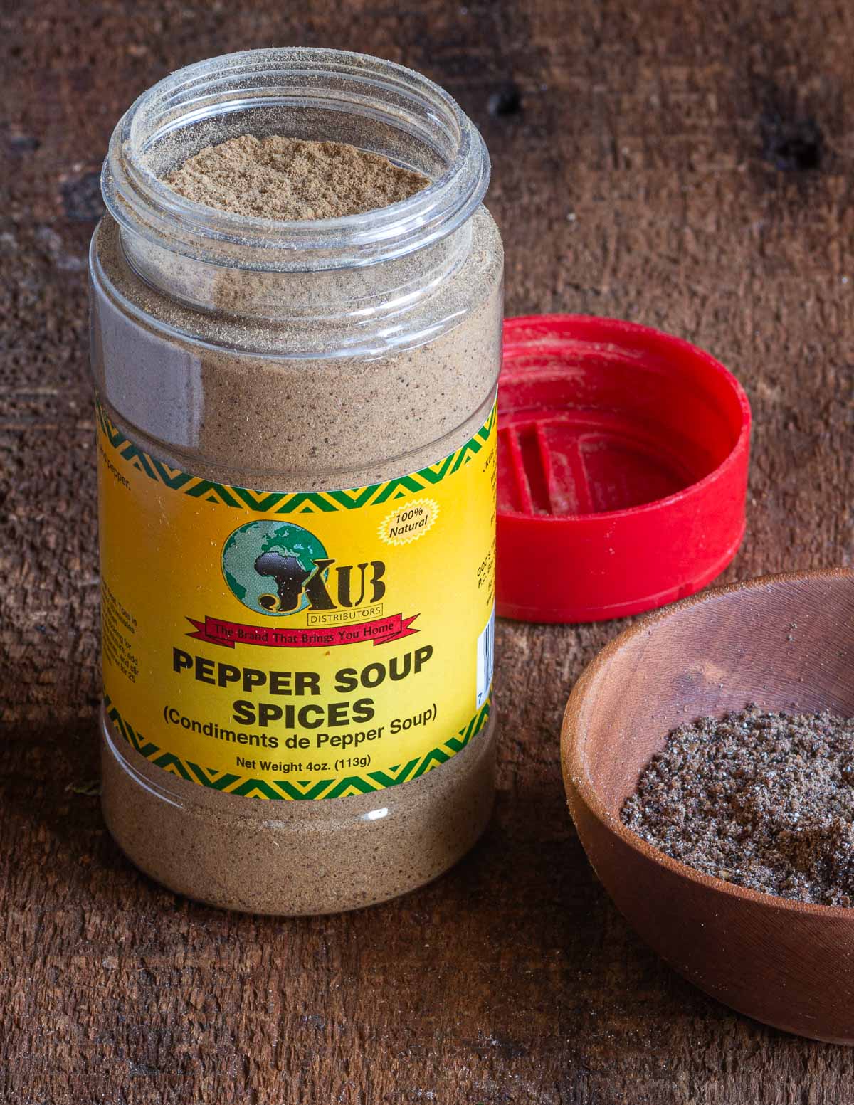 A jar of goat pepper soup spices from an African grocer.