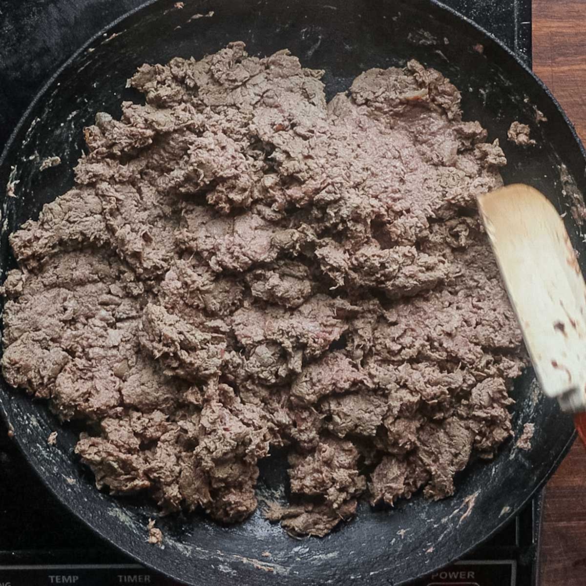 A pan of cooked liver for scrapple.