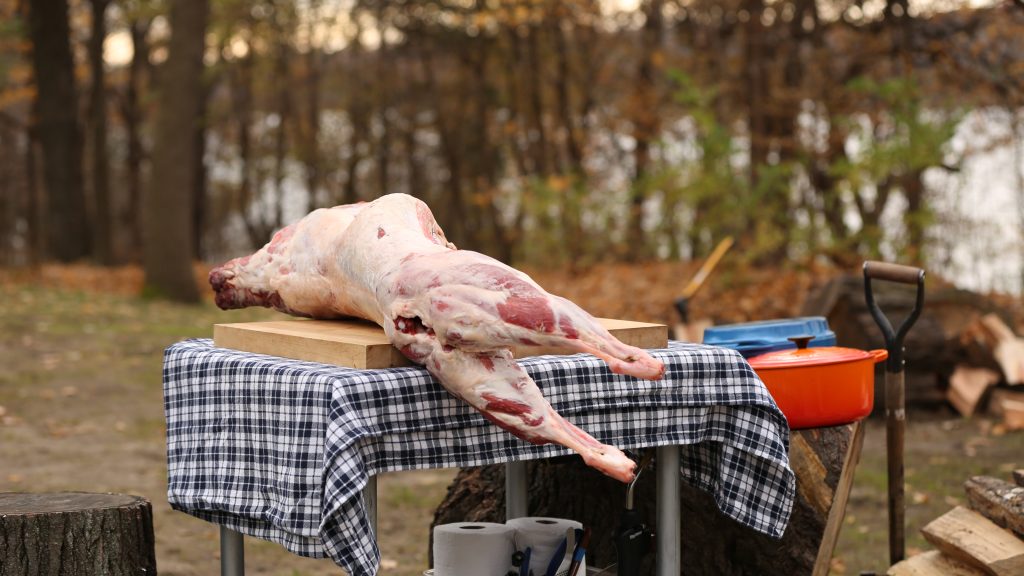 A whole lamb laying on a table waiting to be cooked.