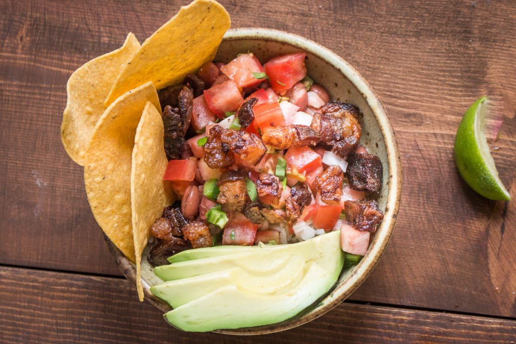 Grass fed goat or lamb belly taco bowls 
