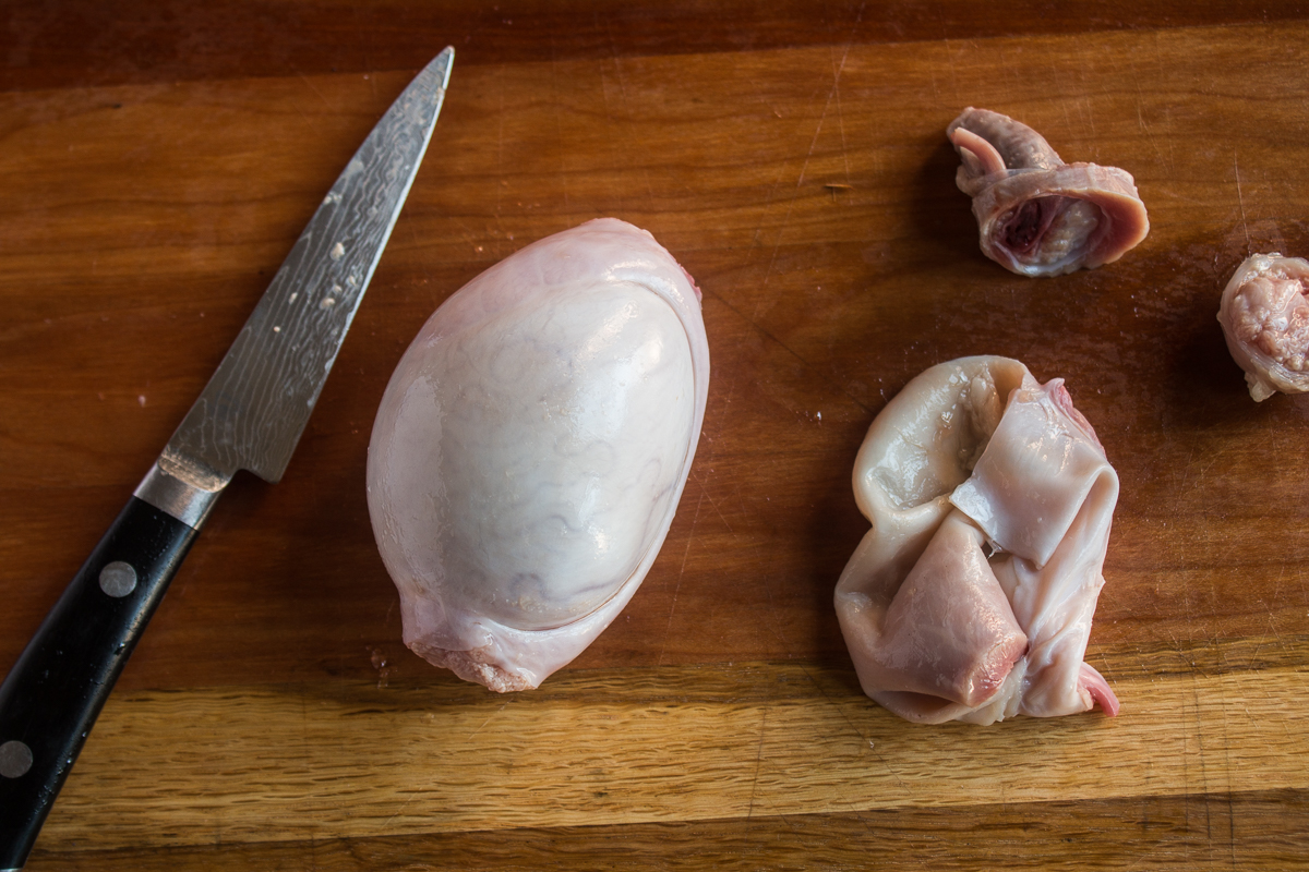 A lamb testicle with the outer sheath removed.