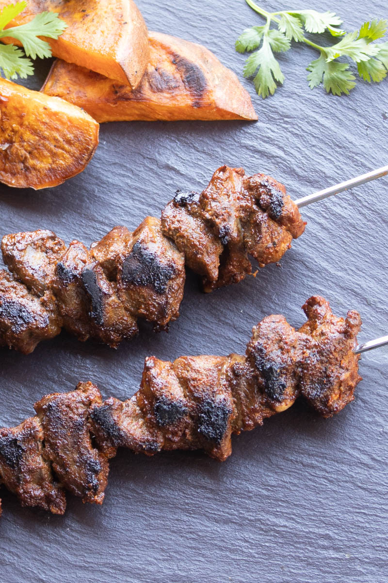 South American lamb or goat heart skewer recipe on the grill