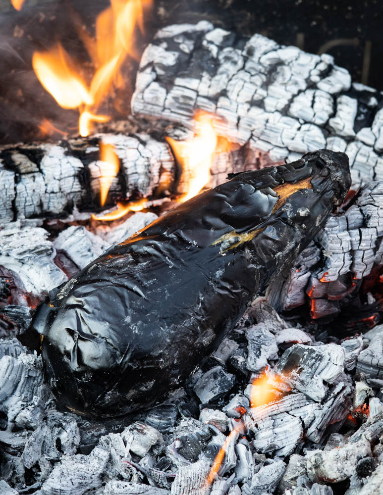 Roasting eggplant over coals