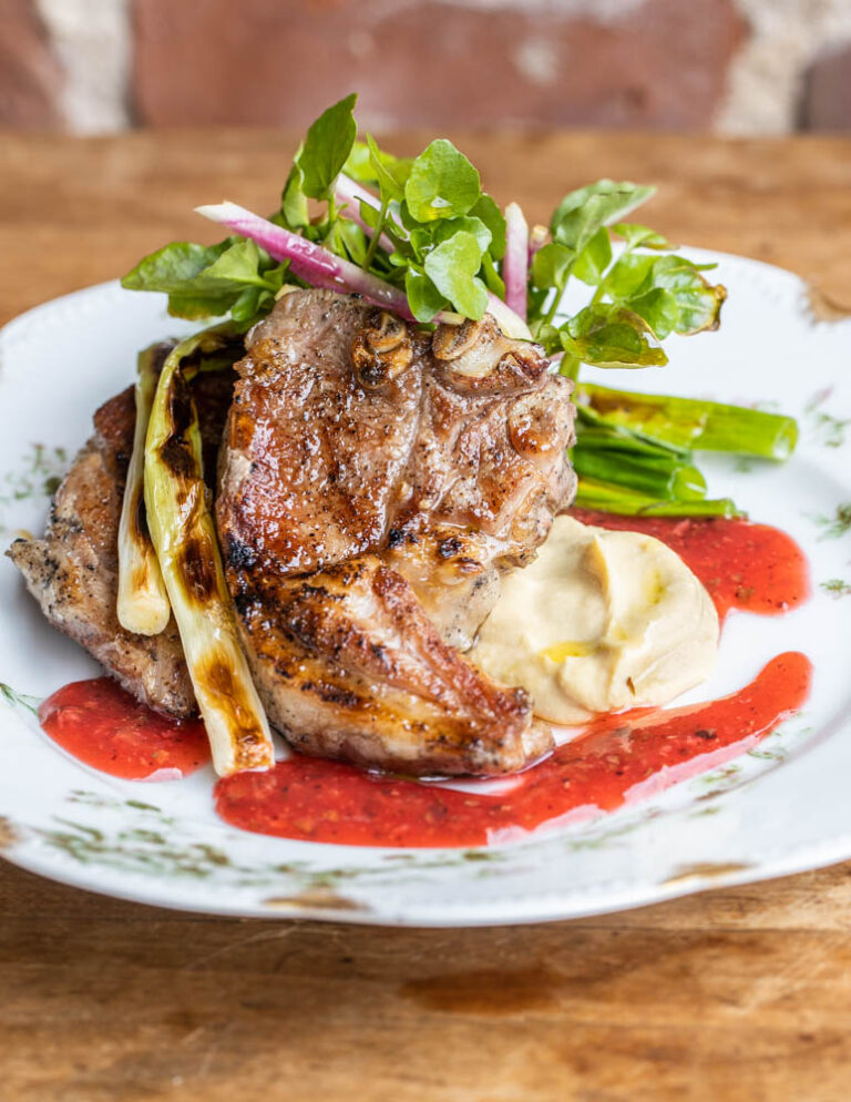 Grilled Goat Loin Chops (Recipe) with Hummus and Salad