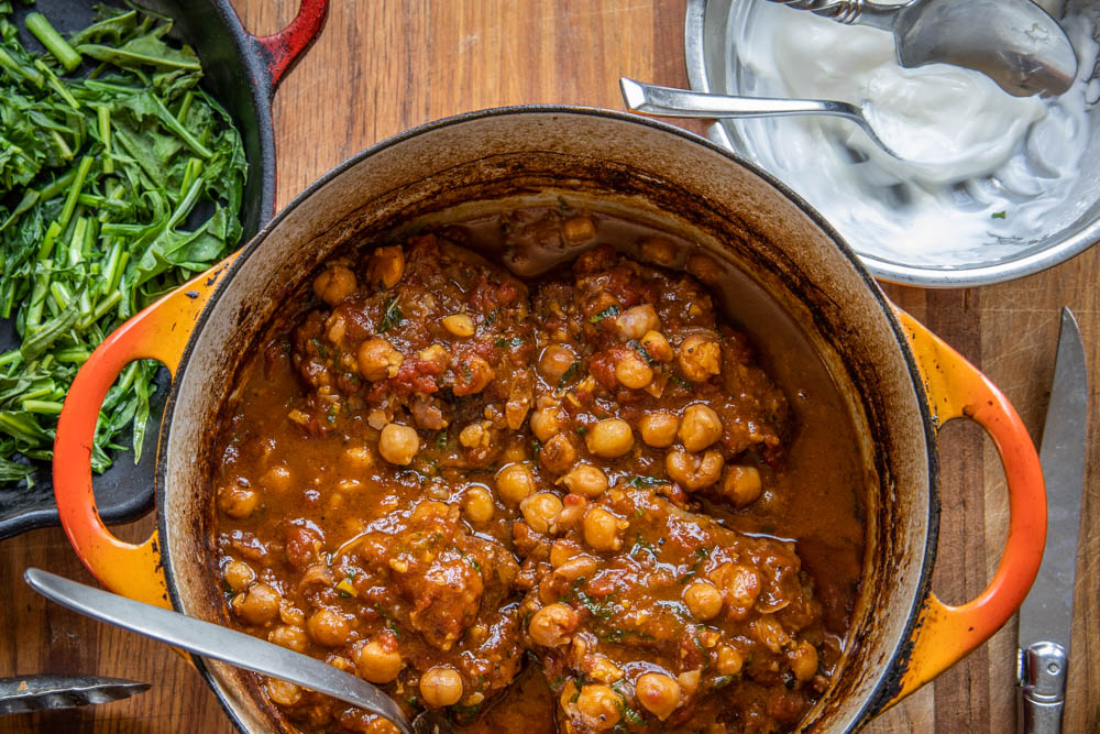 Braised goat neck with tomato, chickpeas and harissa Moroccan recipe