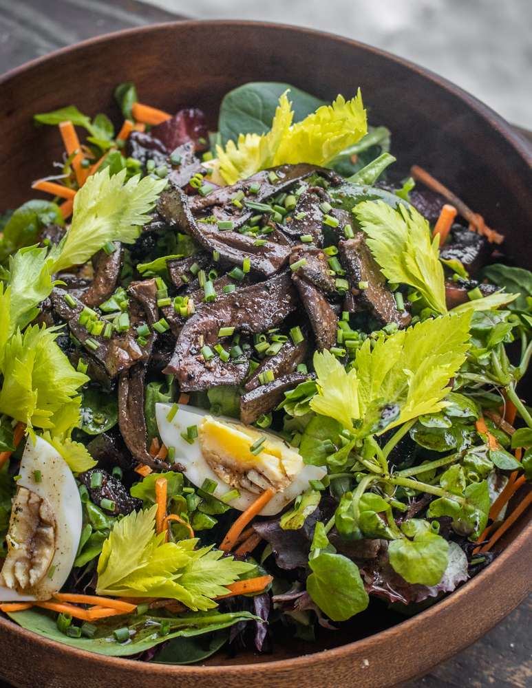 Salted lamb liver salad with balsamic vinegar and eggs