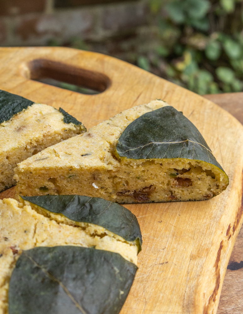 Lamb crackling cornbread wrapped in wild leaves