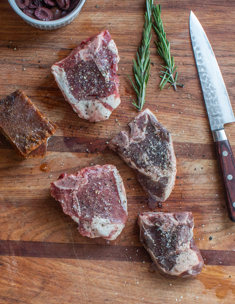 Goat loin chops with rosemary, red wine and olives recipe