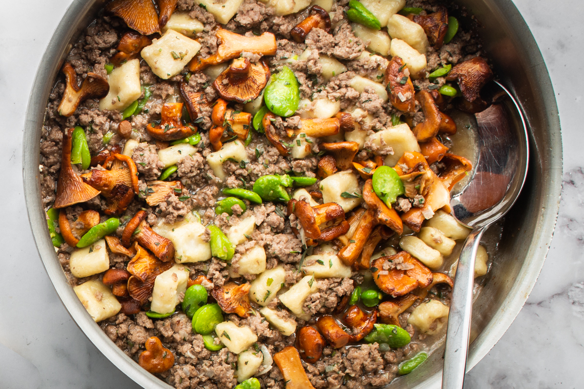 Lamb Gnocchi with mushrooms and Fava Beans