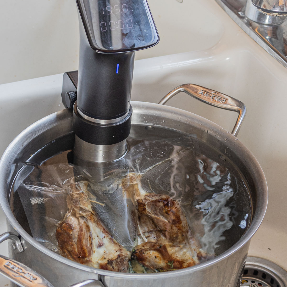 A pot in a sink filled with water cooking a bag of lamb shanks sous vide.
