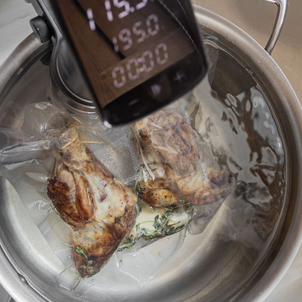 A pot in a sink filled with water cooking a bag of lamb shanks sous vide.